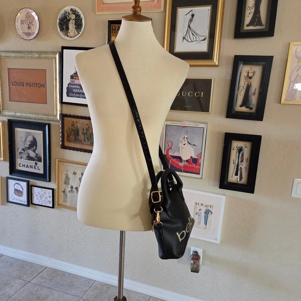 Bebe Black Pebble Grain Dome Satchel Crossbody‎ Bag Gold Logo Top Handle